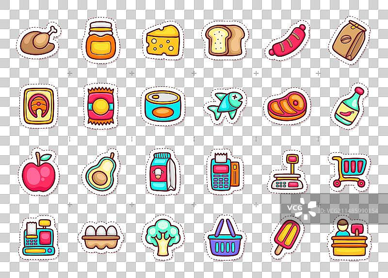 食品杂货贴纸图标涂鸦着色图片素材