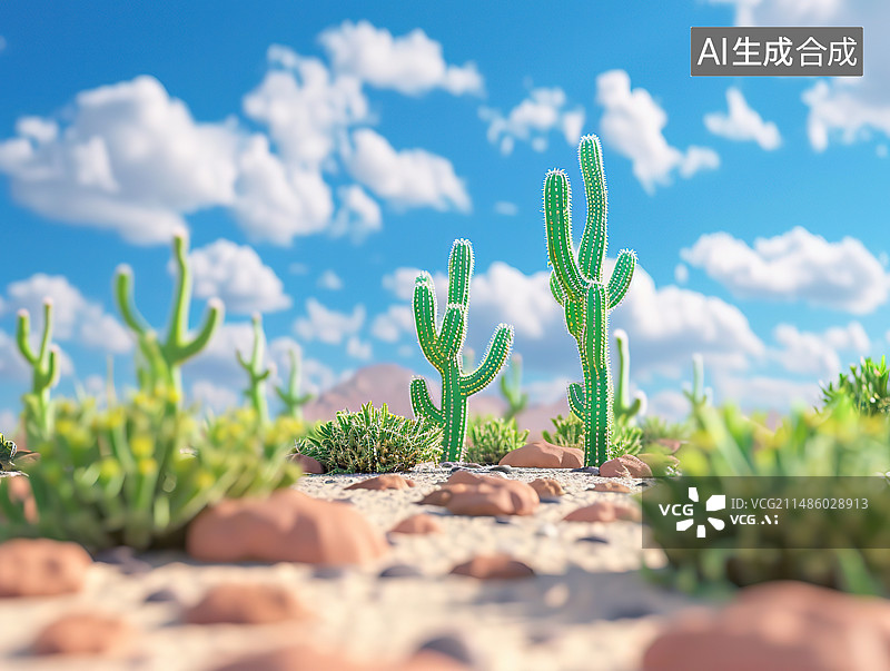 【AI数字艺术】天空衬托下田野上生长的仙人掌特写镜头图片素材