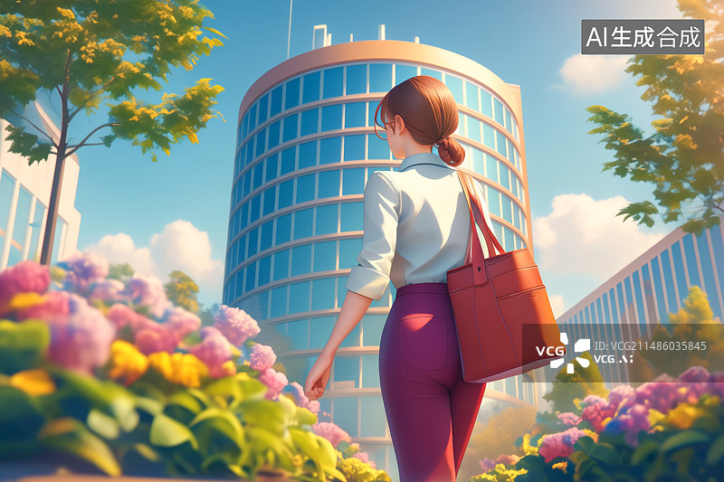 【AI数字艺术】一个走向写字楼的女青年图片素材