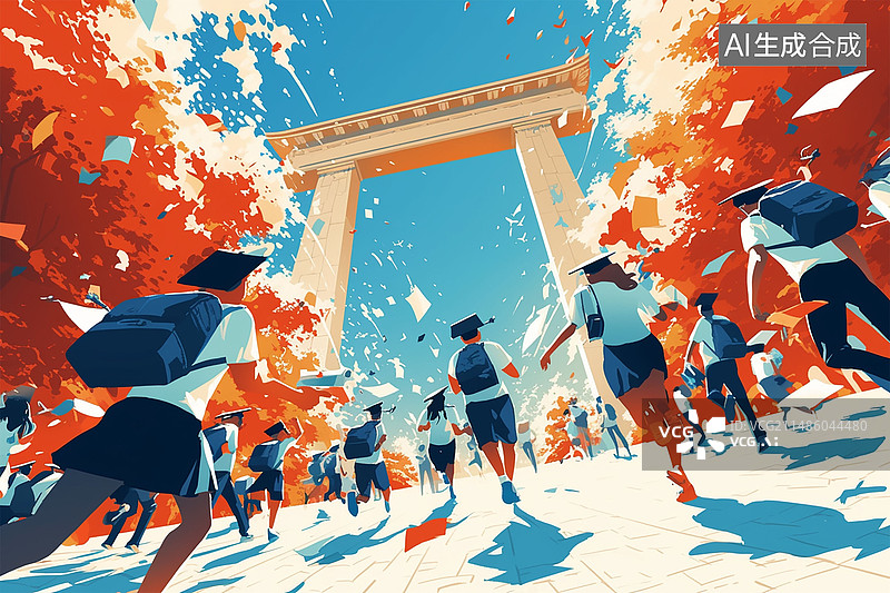 【AI数字艺术】大学生毕业季奔跑扁平风插画海报AI数字艺术图片素材