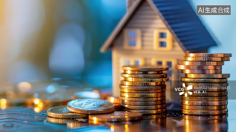 【AI数字艺术】桌子上的模型房子和硬币的特写镜头图片素材