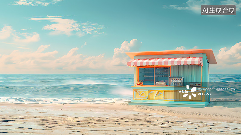 【AI数字艺术】海滩上的救生员小屋图片素材