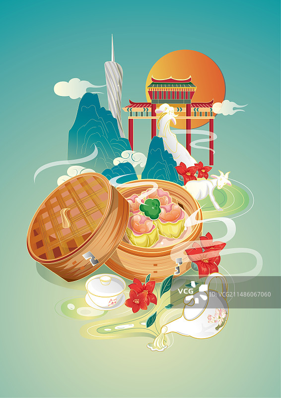广州点心烧麦国潮插画图片素材