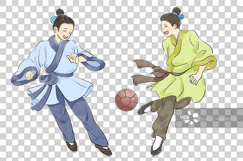 两个古人在踢蹴鞠手绘风格插画元素图片素材