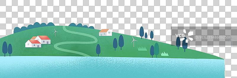 草坪深绿地底部插画小房子池塘插画免抠元素图片素材