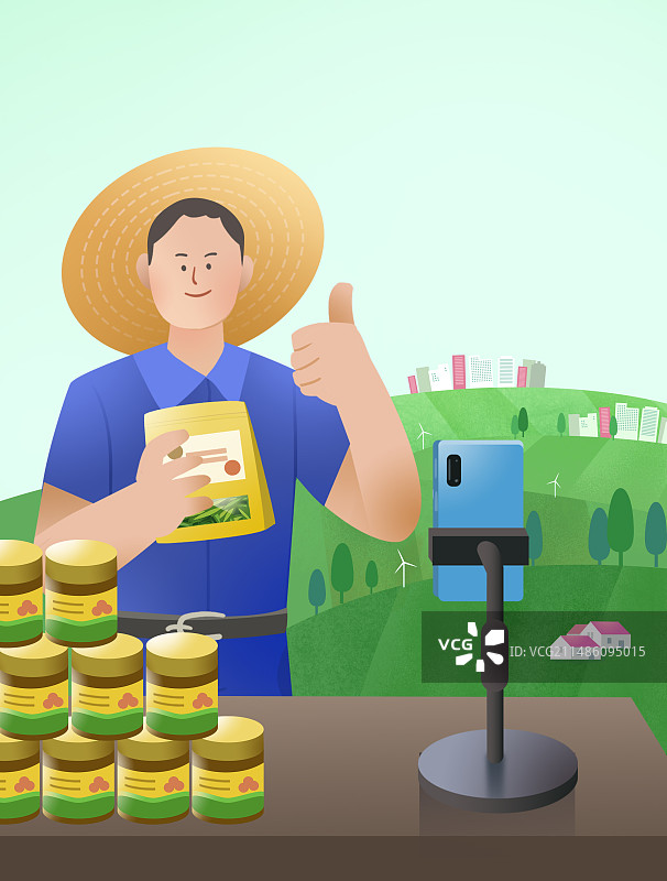 绿色乡村背景纯色纹理竖版农民直播蜂蜜农产品竖版插画图片素材