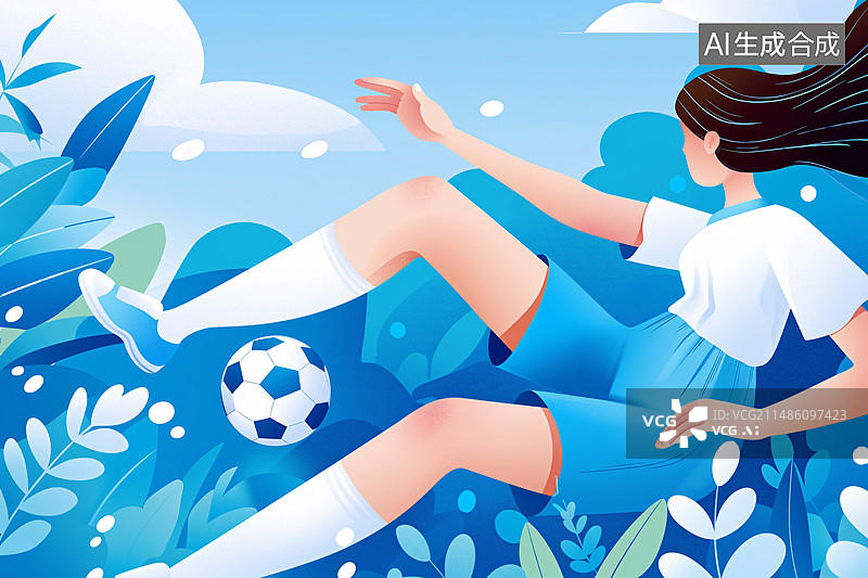 【AI数字艺术】球员在足球上射门,运动员射门的足球体育比赛插画图片素材