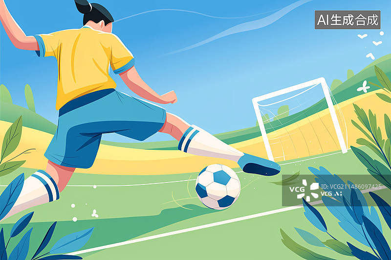 【AI数字艺术】球员在足球上射门,运动员射门的足球体育比赛插画图片素材