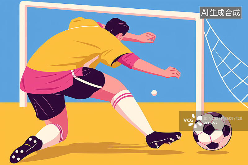 【AI数字艺术】球员在足球上射门,运动员射门的足球体育比赛插画图片素材
