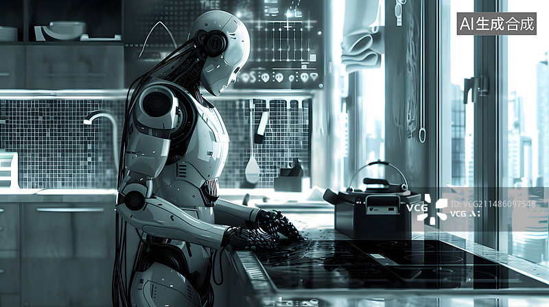 【AI数字艺术】机器人在餐厅里研究电磁炉图片素材