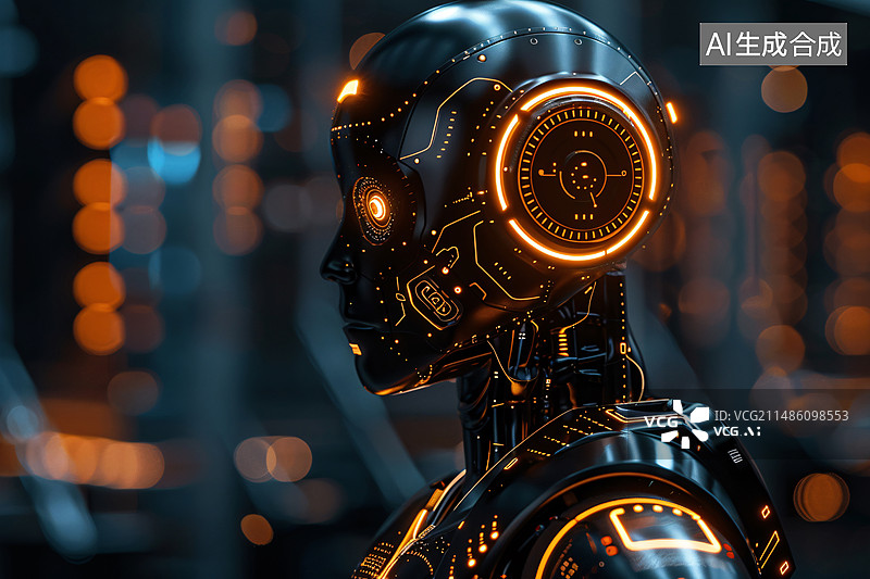 【AI数字艺术】机器人头部三维渲染的人工智能全息投影图片素材