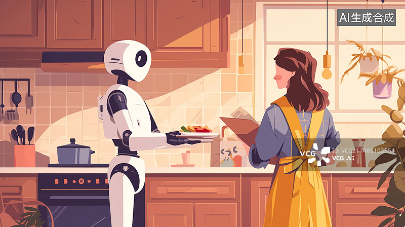 【AI数字艺术】人工智能家庭助理：家庭中的机器人保姆和厨师（插画）图片素材
