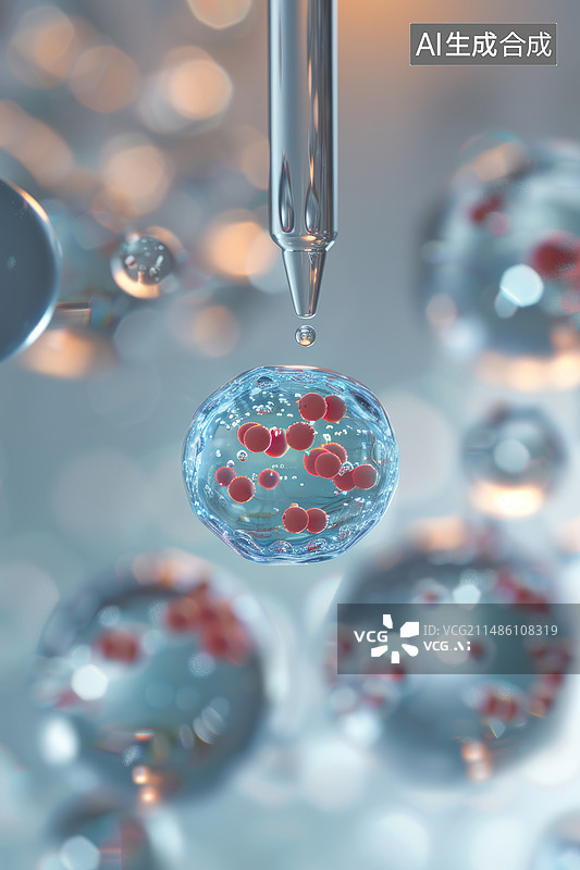 【AI数字艺术】实验室环境中提取具有发光红色颗粒的浅蓝色细胞图片素材