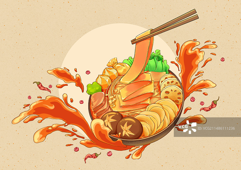 手绘中国传统美食麻辣烫火锅冒菜，甘肃天水麻辣烫四川麻辣烫重庆麻辣烫，一碗麻辣烫与飞溅的辣椒油。图片素材