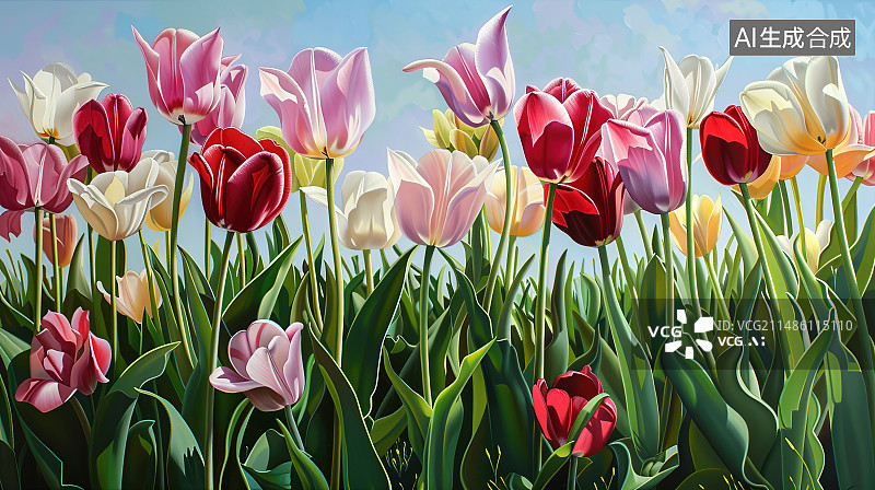 【AI数字艺术】田野里粉红色郁金香的特写镜头图片素材