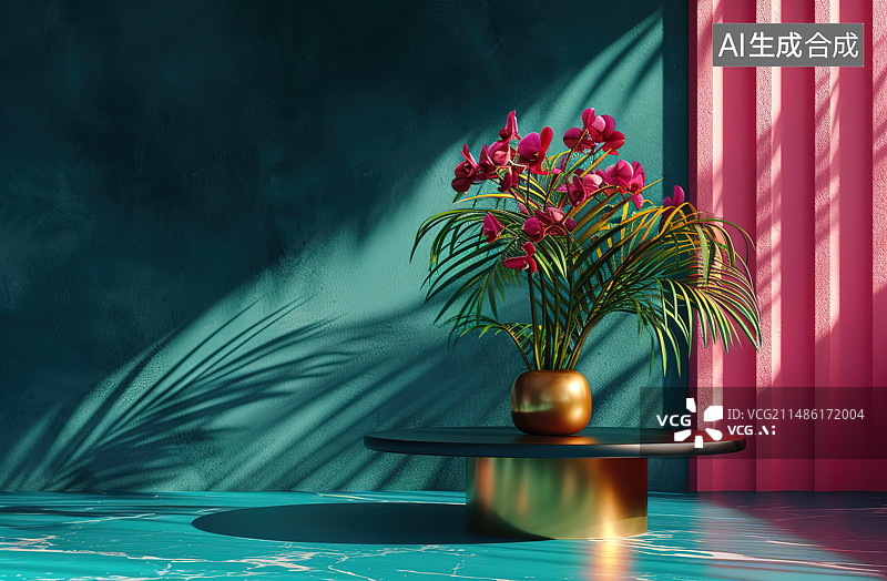 【AI数字艺术】靠墙桌上的花瓶特写镜头图片素材