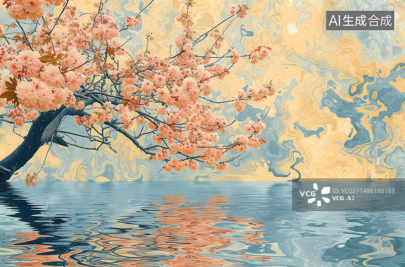 【AI数字艺术】水面上的樱花和倒影图片素材