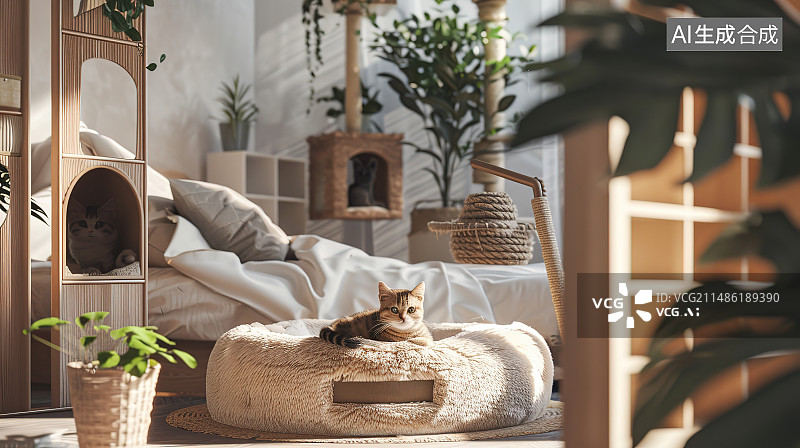 【AI数字艺术】可爱的斑猫在客厅里玩耍图片素材