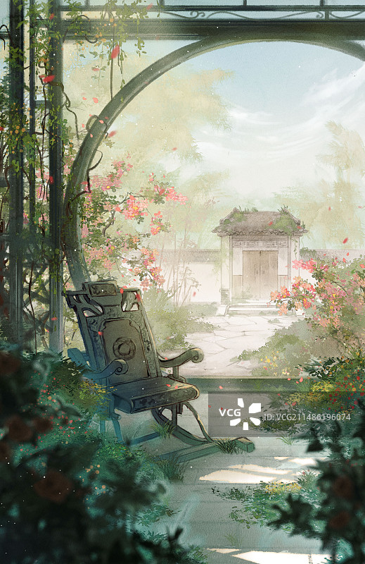 春院摇椅图-水墨古风场景插画图片素材
