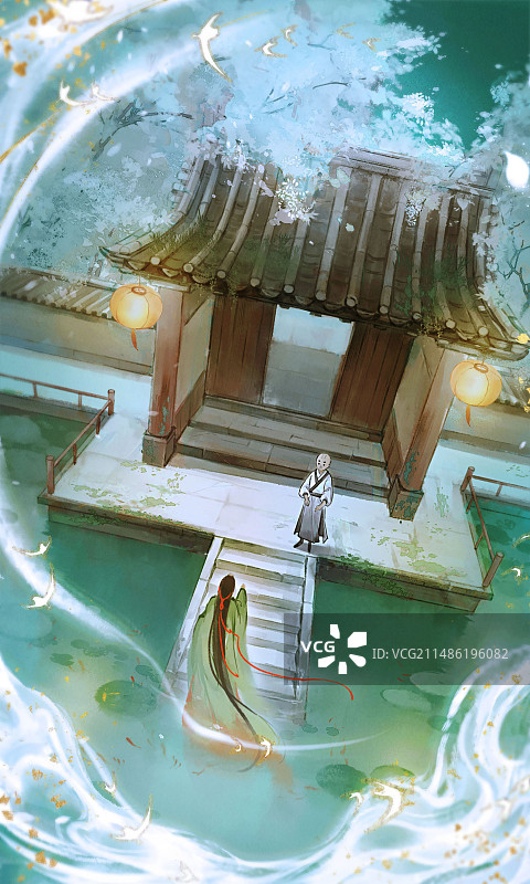 相遇-水墨古风场景插画图片素材
