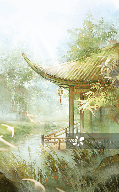 白鹭洲-古风水墨场景插画图片素材