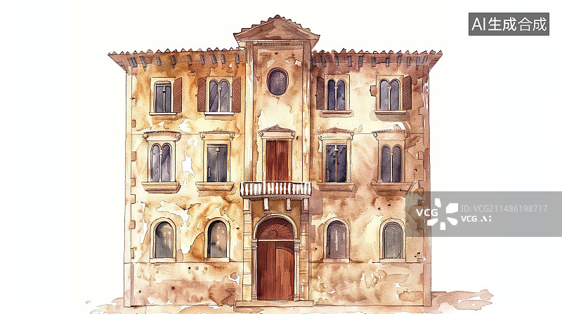 【AI数字艺术】白色背景下的历史建筑低角度视图图片素材