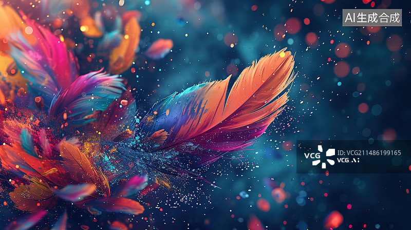 【AI数字艺术】彩色背景上的羽毛特写镜头图片素材
