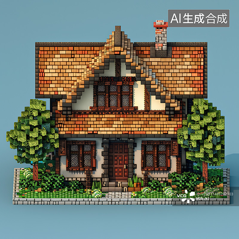 【AI数字艺术】在晴朗的蓝天下俯瞰房子图片素材