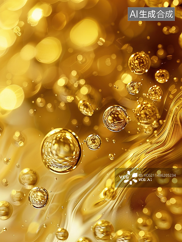 【AI数字艺术】金色的精华泡泡油脂成分图片素材
