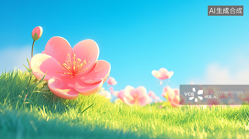 【AI数字艺术】盛开的桃花草地花朵春分节气3D插画图片素材