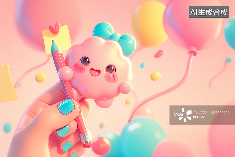 【AI数字艺术】一只手拿铅笔玩偶便签气球3d插画图片素材