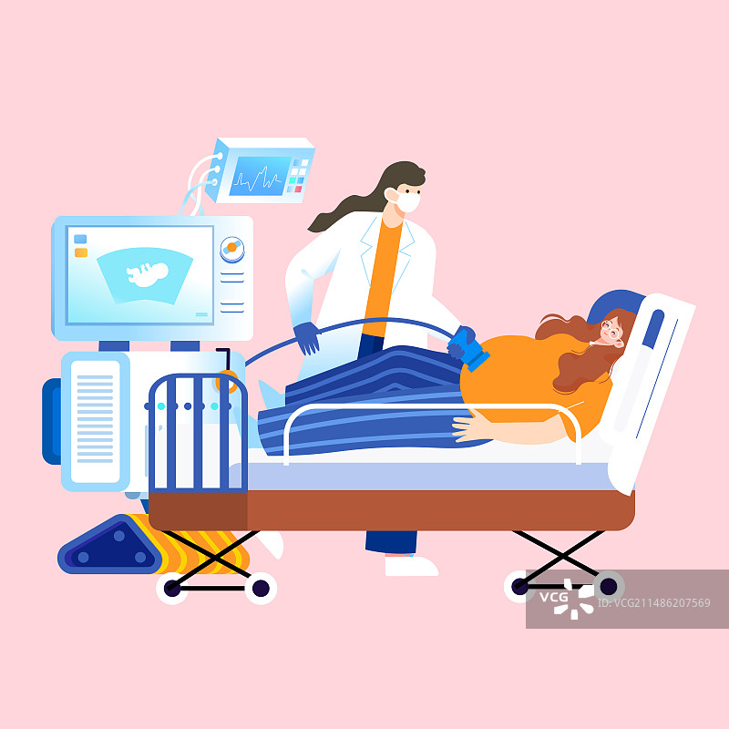 卡通生育医疗检查疾病挂号医院医生就诊怀孕婴儿孕妇社区生活方式母婴妈妈孕检女性身体健康安全渐变矢量插画图片素材