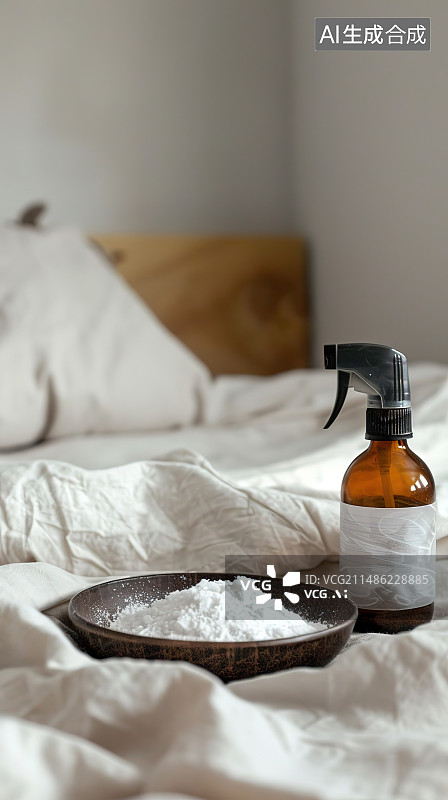 【AI数字艺术】床上有毛巾的瓶子里的水的特写镜头图片素材