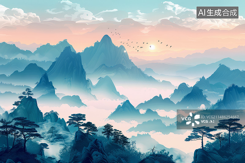 【AI数字艺术】中国风山水日落云雾图片素材