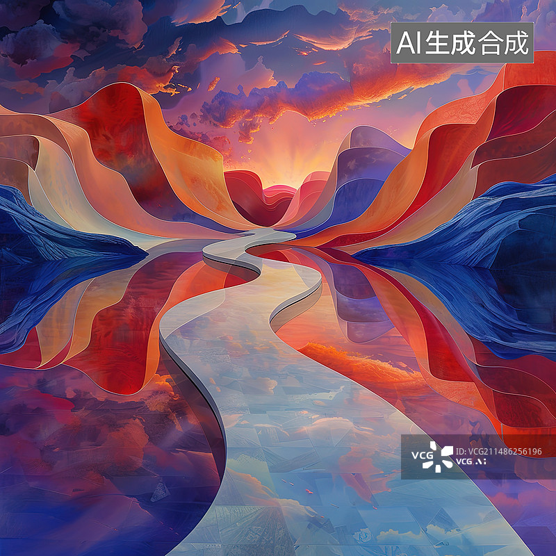 【AI数字艺术】日落时的山和水的倒影图片素材