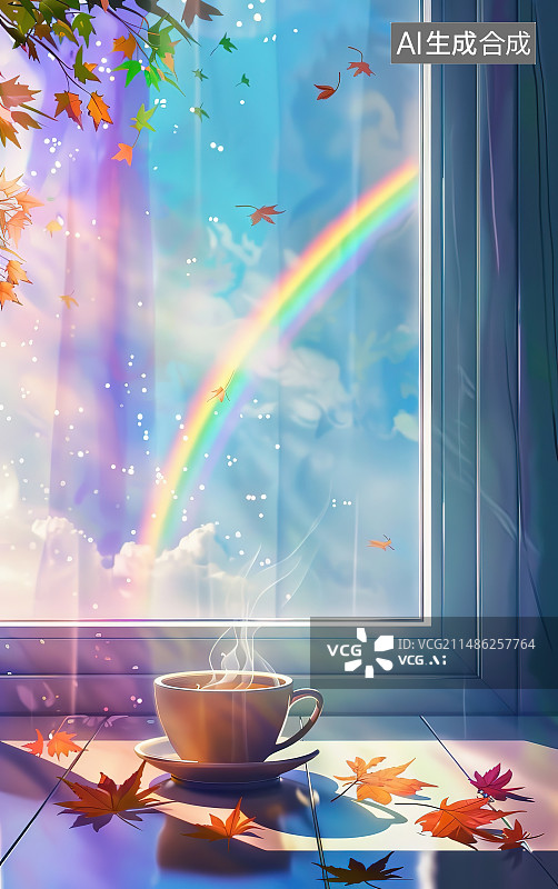 【AI数字艺术】秋天透过窗户看到的咖啡杯特写镜头图片素材