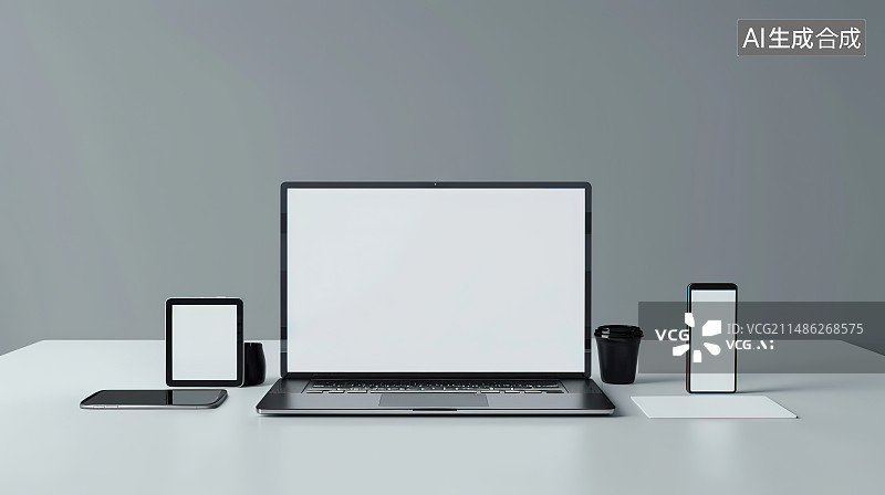 【AI数字艺术】灰色背景下桌上笔记本电脑的特写镜头图片素材
