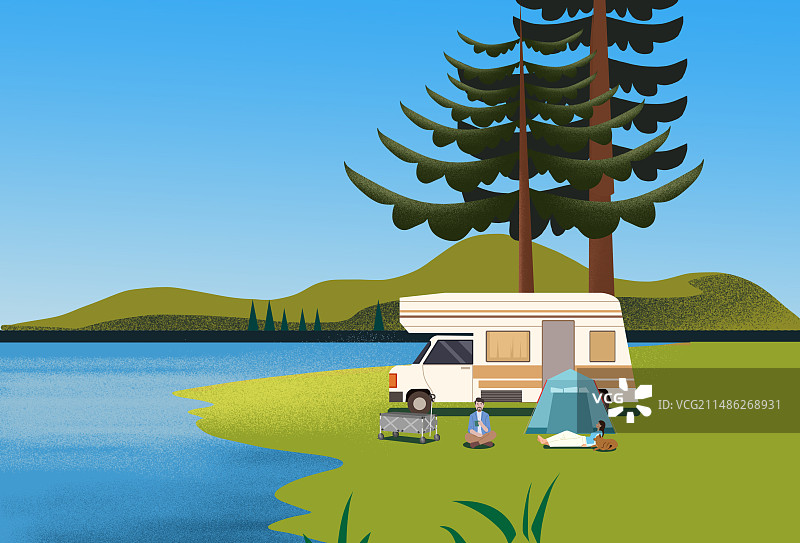 房车户外游山玩水体验生活旅游旅行野外露营环境自然山川地理风景插画图片素材