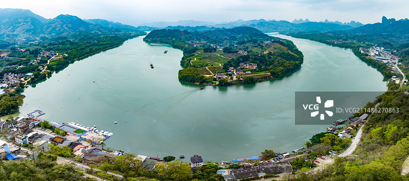 中国广西平乐县平乐镇长滩村桂江长滩江湾、长滩岛美丽自然风光图片素材