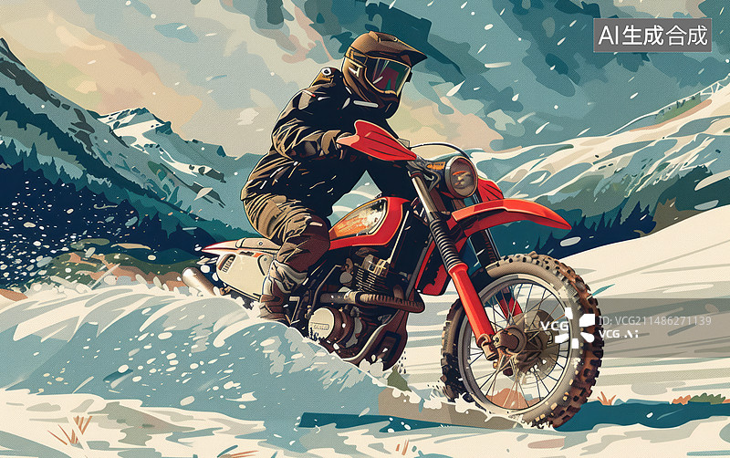 【AI数字艺术】雪山湖泊，越野摩托车图片素材