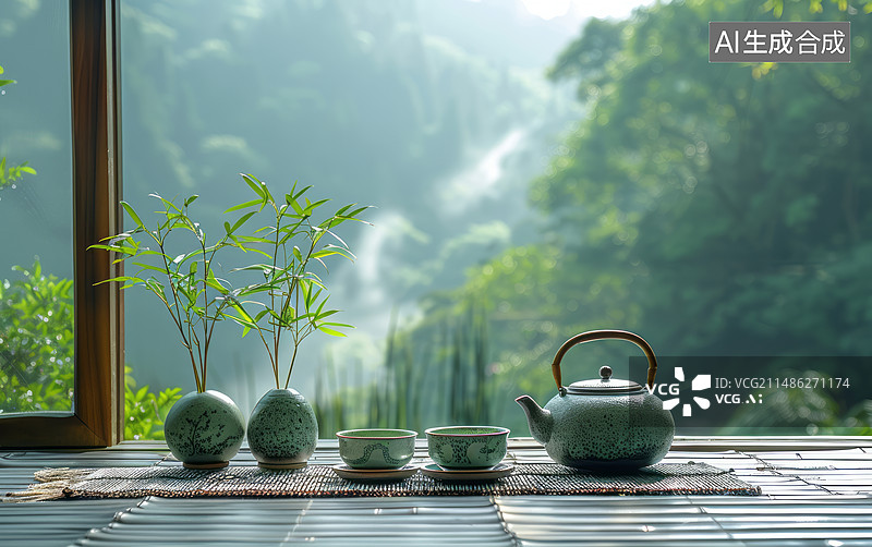 【AI数字艺术】竹林，茶壶，茶杯，休闲生活图片素材