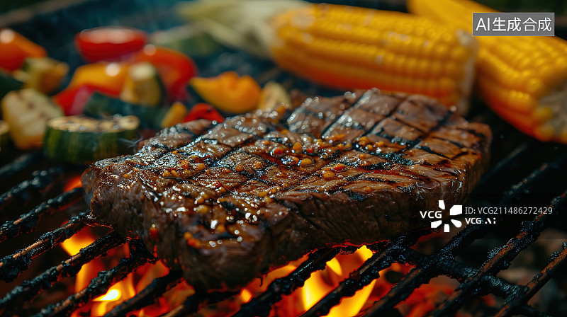 【AI数字艺术】烧烤架上的肉和蔬菜特写镜头图片素材