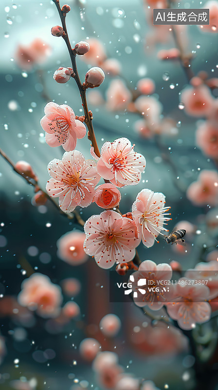 【AI数字艺术】雨中的桃花与蜜蜂图片素材