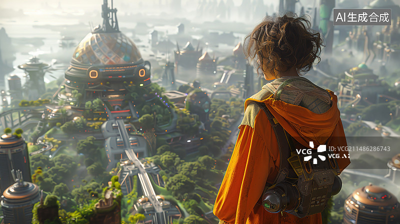 【AI数字艺术】站在城市建筑物旁的妇女的后视图图片素材