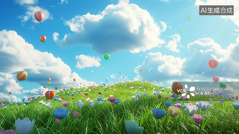 【AI数字艺术】彩色气球在多云的天空中飞行的低角度视图图片素材