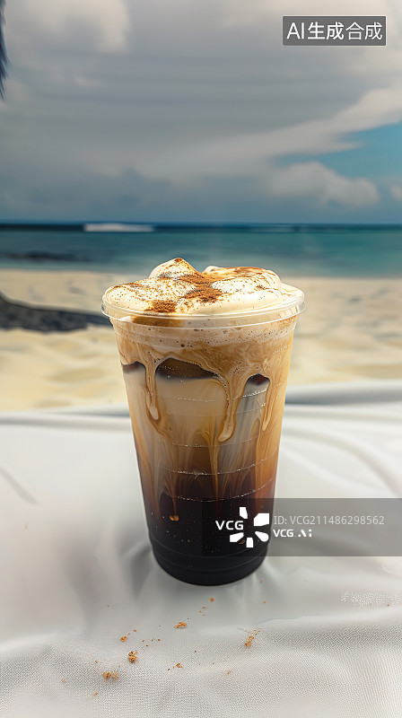 【AI数字艺术】沙滩上的冰咖啡特写镜头图片素材