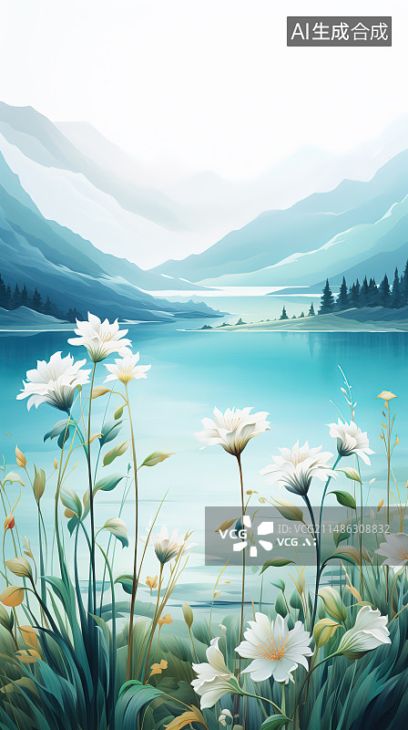 【AI数字艺术】湖边开花植物的高角度观察图片素材
