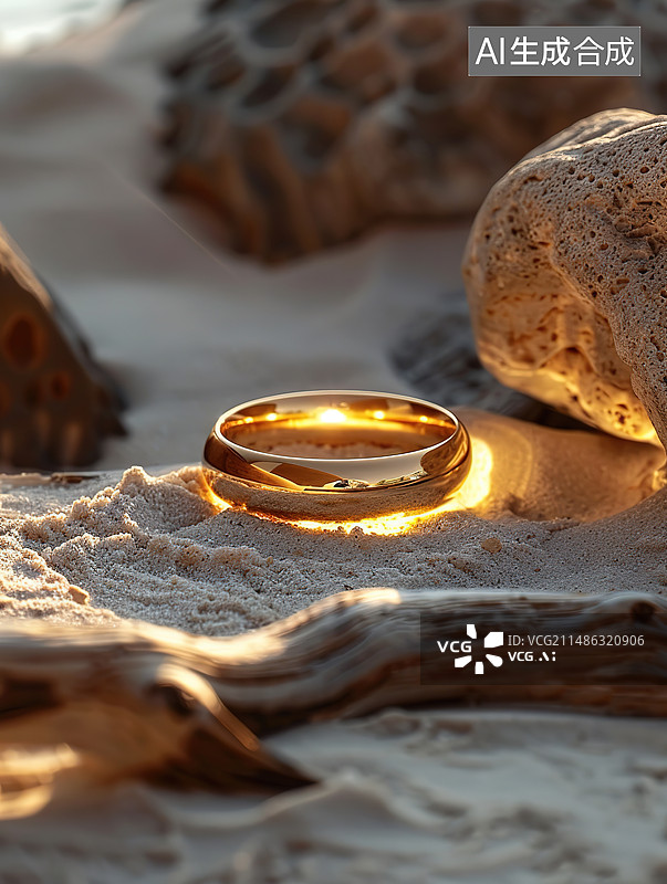 【AI数字艺术】海滩上的戒指特写镜头图片素材