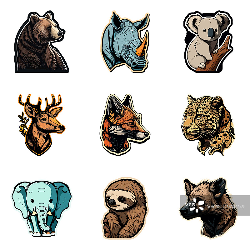 动物贴纸扁平图标集，白色背景图片素材