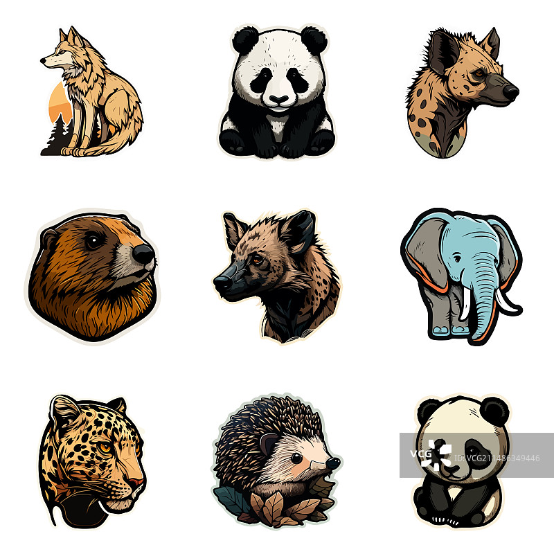 动物贴纸扁平图标集，白色背景图片素材